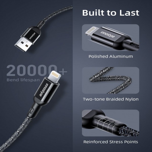 IAL150ALBLK - Cáp USB-A to Lightning Innostyle Powerflex MFi 1.5M 12W - 6