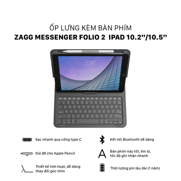 103007169 - Ốp lưng kèm bàn phím iPad 10.2 inch 10.5 inch ZAGG Messenger Folio 2 - 2