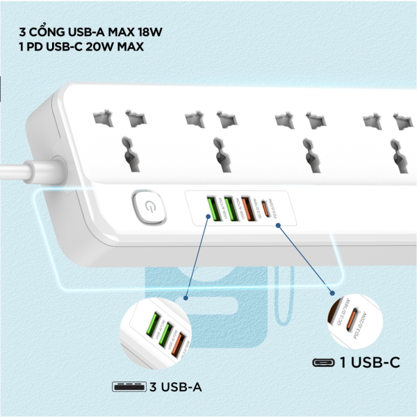 EPB2501EUWE - Ổ điện đa năng Energizer 5AC kèm 3 x USB-A và 1 x Type-C sạc nhanh PD (Max 20W) - 6