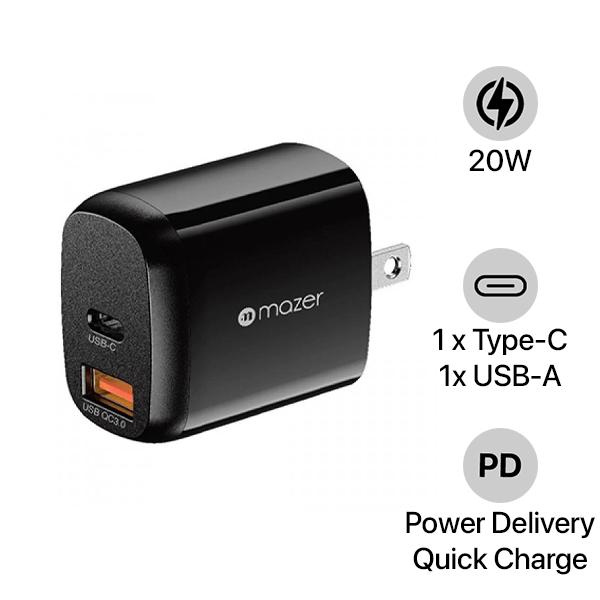 Cốc sạc 2 cổng Mazer 20W SuperMINI US Foldable Wall Charger