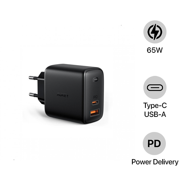 Cốc sạc Aukey 2 cổng 65W GaN PA-B3 (chấu tròn)
