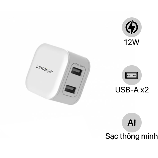 Cốc sạc Innostyle 2 cổng 12W USB-A Minigo 2 Smart Charging Ai