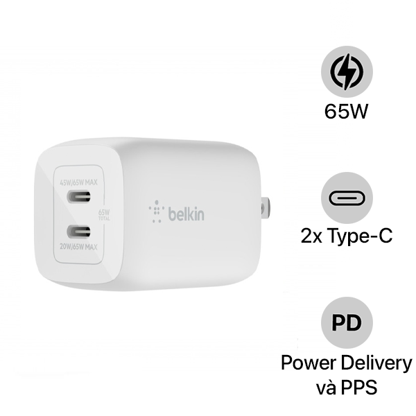 Cốc sạc nhanh 2 cổng Belkin 65W Type-C PD PPS GaN
