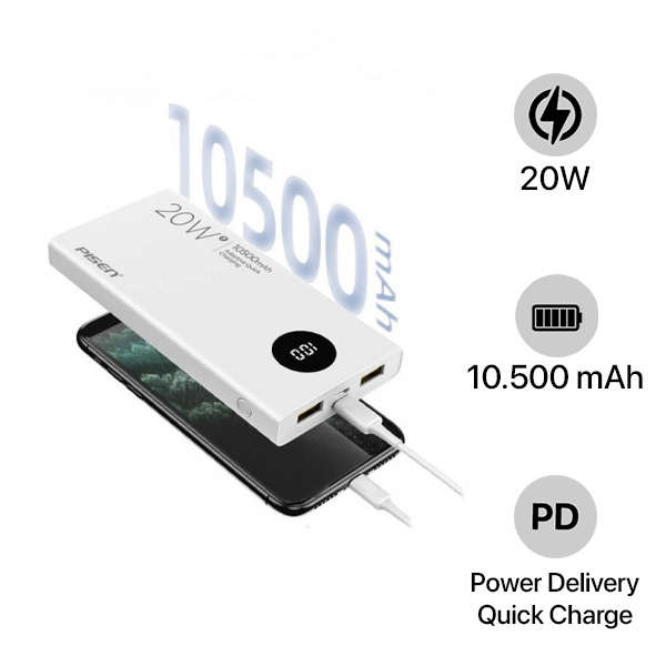 Pin sạc dự phòng Pisen 10.500 mAh 20W QUICK PowerU LED Ultra