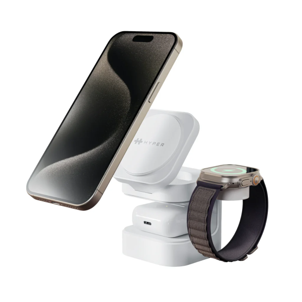 HJ3320WHGL - Đế sạc không dây HyperJuice Qi2 3 in 1 Magnetic Charging Stand