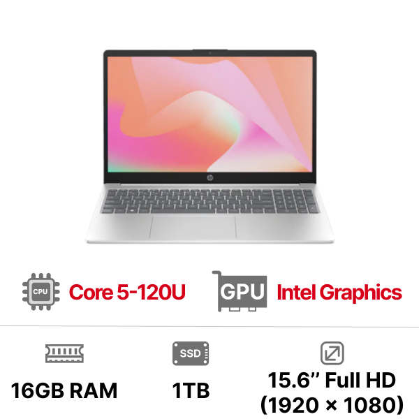 Laptop HP 15-FD1043TU (Core 5-120U 16GB RAM 1TB SSD Intel Graphics 15.6inch FHD Webcam 3 Cell Win11 Home 64 9Z2W9PA)