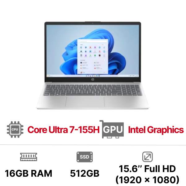 Laptop HP 15-FD1060TU (Core Ultra 7-155H 16GB RAM 512GB SSD Intel Graphics 15.6inch FHD Webcam 3 Cell Win11 Home 64 9Z2X8PA)
